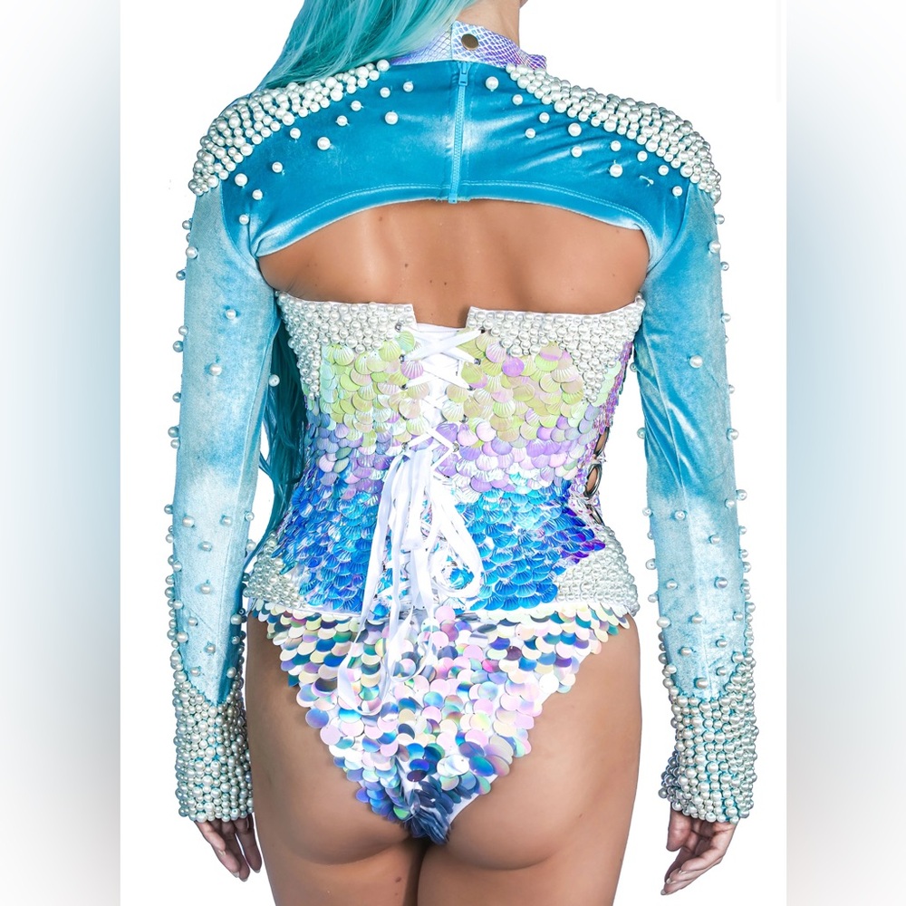 Jackalope Land Daydream Pearl Long Sleeve Baby Blue Iridescent Ultra Crop Top z0 - Picture 3 of 16